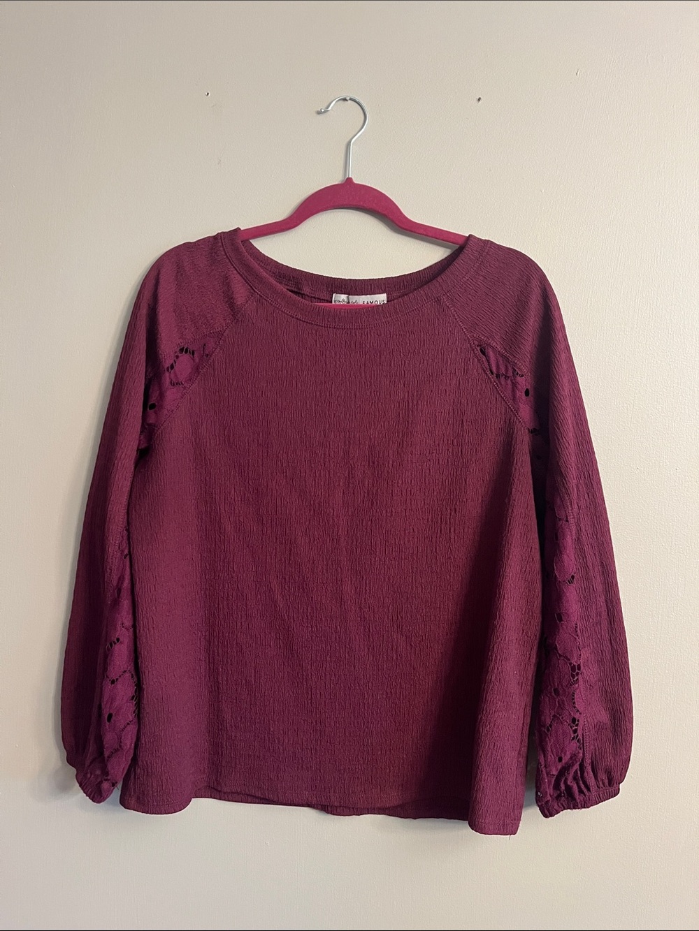 Absolutely Famous Wine Long Sleeve Textured Blouse with Lace Sleeve Insets